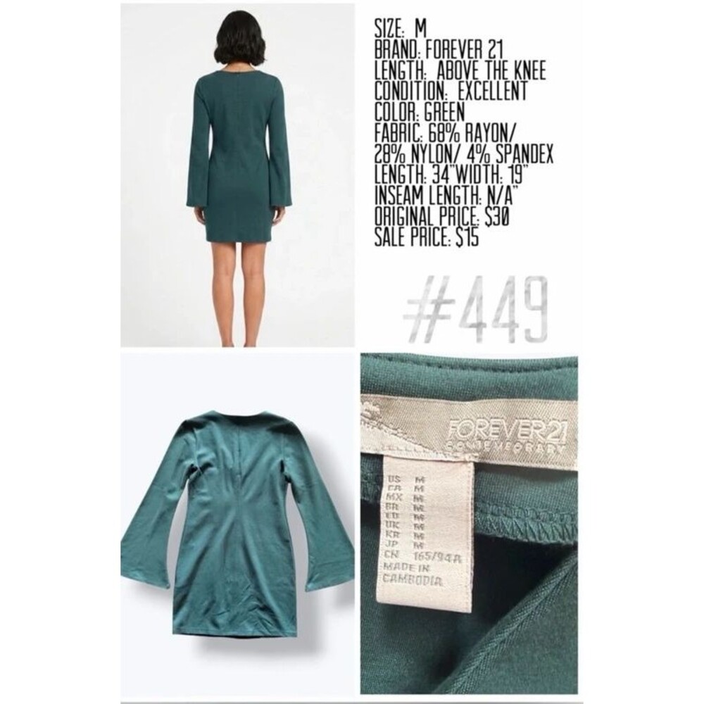 Forever 21 Deep Teal V-Neck Bell Sleeve Mini Dress M - Picture 4 of 4